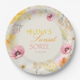 Sunset Soirée Pastel Floral Pink, Orange, Yellow Paper Plate