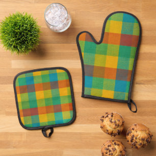 Sunset Squares – Colorful Plaid Oven Mitt & Pot Ho Oven Mitt & Pot Holder Set