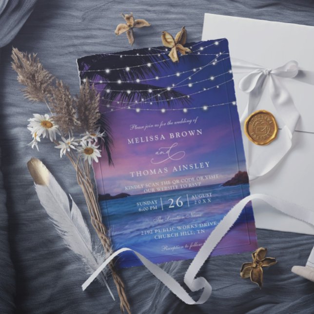 Sunset String Light Tropical Beach QR Code Wedding Invitation (Creator Uploaded)
