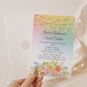 Sunset String Lights with Floral Bouquet Sweet 16 Invitation