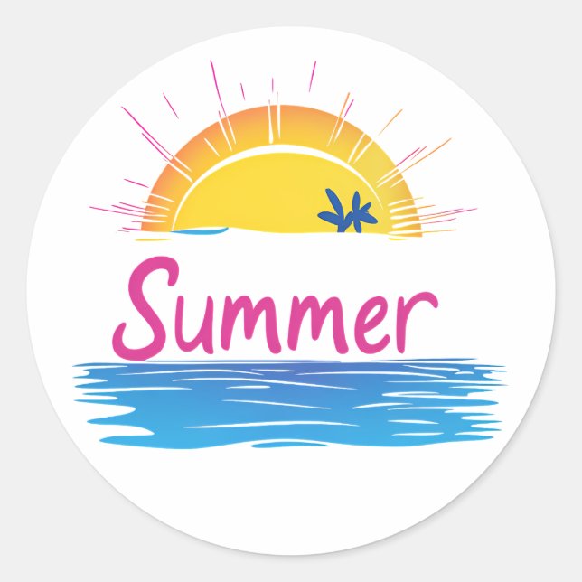 Sunset Summer Beach Illustration Classic Round Sticker (Front)