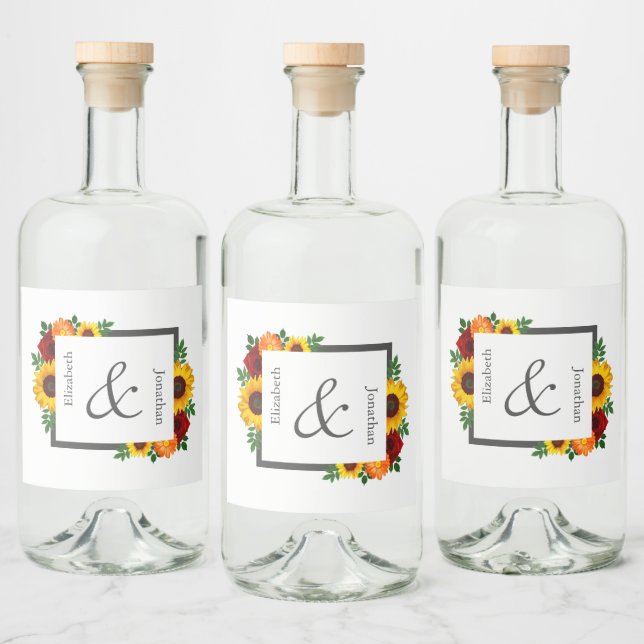 Sunset Sunflower Rose Floral Wedding Liquor Bottle Label (Bottles)