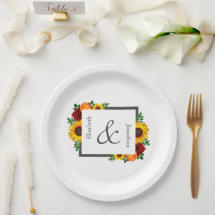 Sunset Sunflower Rose Floral Wedding Paper Plate