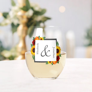 Sunset Sunflower Rose Floral Wedding Stemless Wine Glass