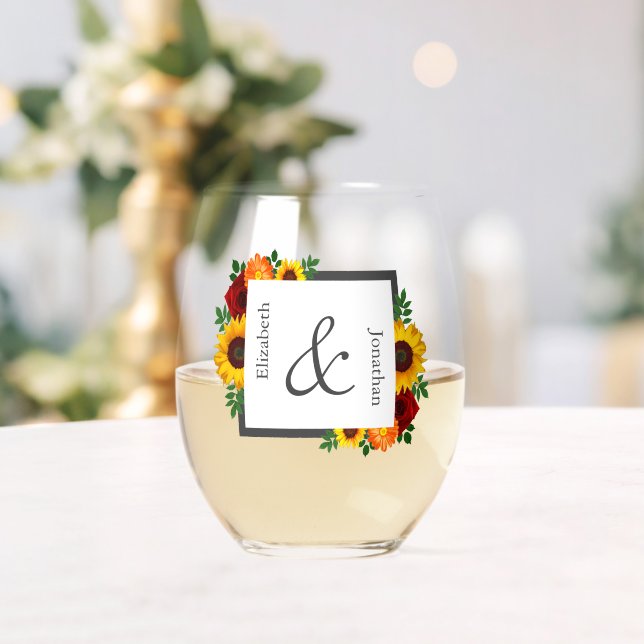 Sunset Sunflower Rose Floral Wedding Stemless Wine Glass (Insitu (Wedding))