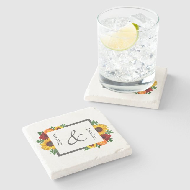 Sunset Sunflower Rose Floral Wedding Stone Coaster (Side)