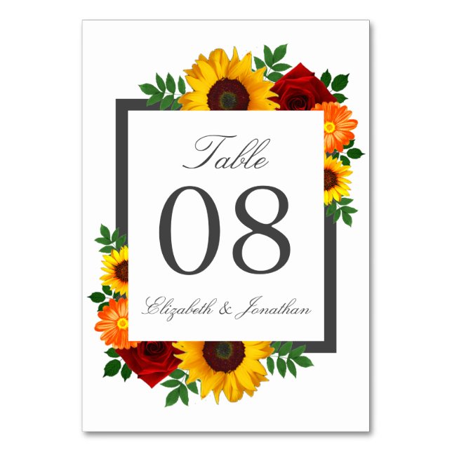 Sunset Sunflower Rose Floral Wedding Table Number (Front)