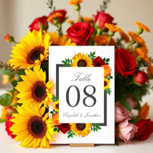 Sunset Sunflower Rose Floral Wedding Table Number