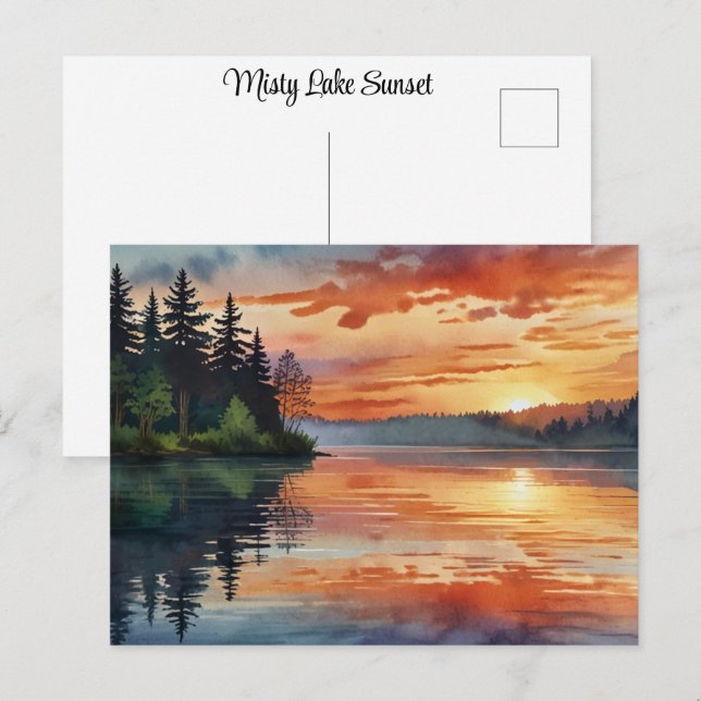 Sunset Sunrise Colourful Misty Lake Watercolor Art Postcard (Front/Back)