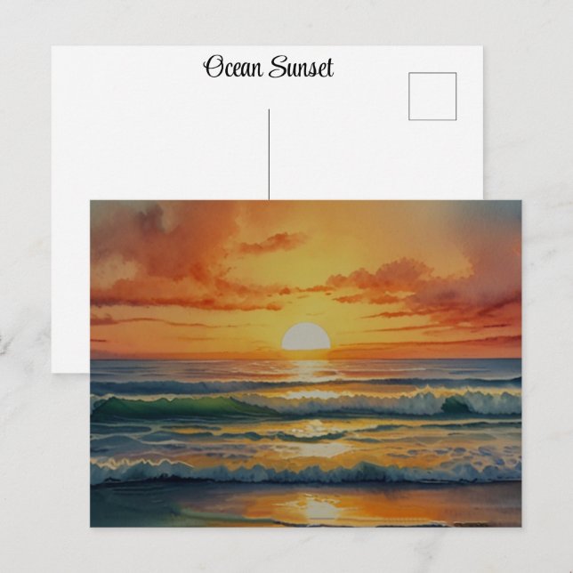 Sunset Sunrise Ocean Beach Colourful Watercolor Ar Postcard (Front/Back)