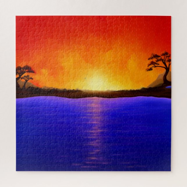 Sunset/Sunrise Painting, Lake landscape, Red Sky Jigsaw Puzzle (Vertical)