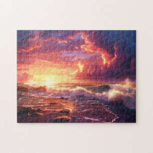 Sunset Sunrise Sundown Ocean Waves Nature Sea Jigsaw Puzzle