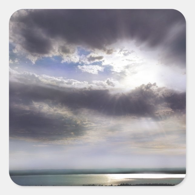 Sunset sunset over the lake watercolor painting square sticker (Front)