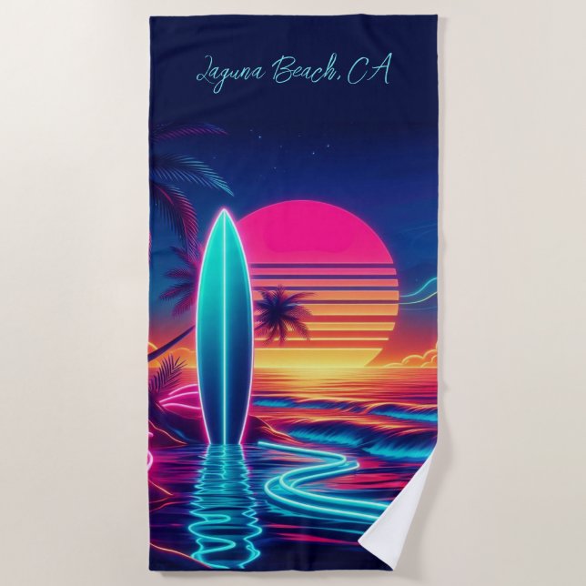 Sunset Surfboard Neon Lights- Beach Towel (Front)