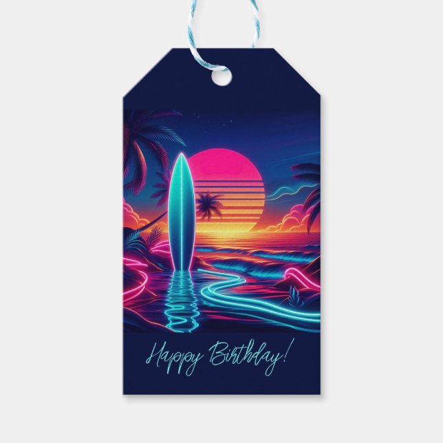 Sunset Surfboard Neon Lights- Gift Tags (Front)