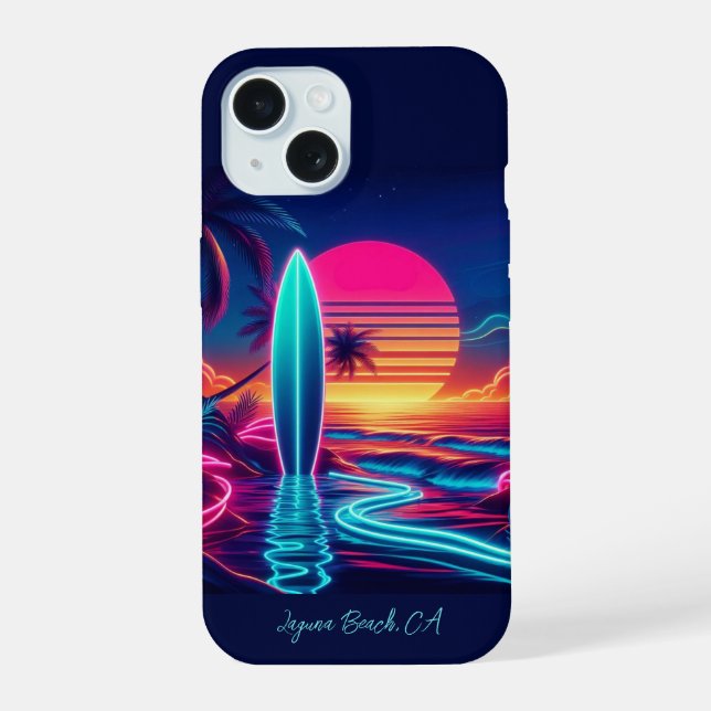 Sunset Surfboard-Neon Lights- iPhone 15 Case (Back)