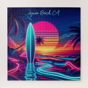 Sunset Surfboard Neon Lights- Jigsaw Puzzle