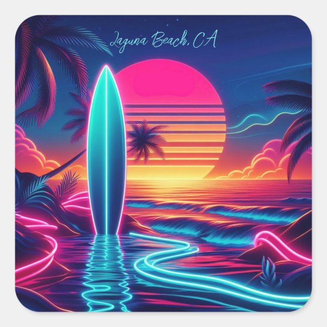 Sunset Surfboard Neon Lights- Square Sticker (Front)
