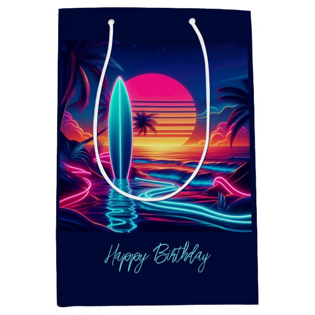 Sunset Surfboard Paradise Neon Lights- Medium Gift Bag (Front)