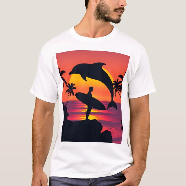 Sunset Surfer and Dolphin Silhouette Tropical Beac T-Shirt (Front)
