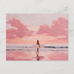 Sunset Surfer Girl Coastal Art Postcard