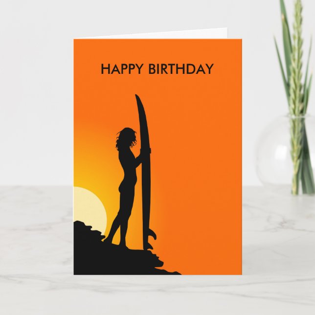 Sunset Surfer Girl with surfboard Happy Birthday Card (Front)