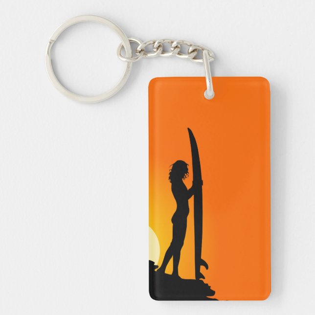 Sunset Surfer Girl with surfboard Key Ring (Front)