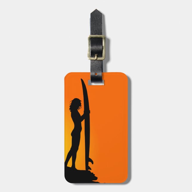 Sunset Surfer Girl with surfboard Luggage Tag (Front Vertical)