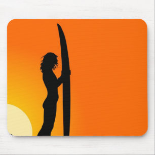 Sunset Surfer Girl with surfboard Mouse Mat