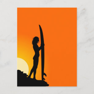 Sunset Surfer Girl with surfboard Postcard