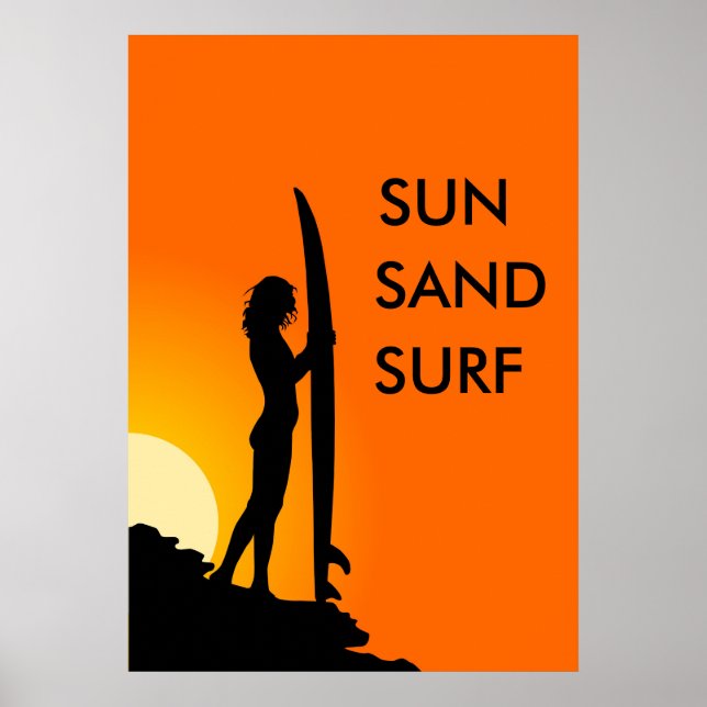 Sunset Surfer Girl with surfboard, Sun, Sand Surf Poster (Front)