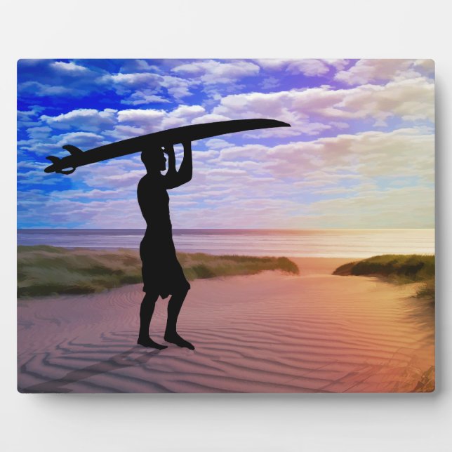Sunset Surfer Sand and Clouds Art Plaque (Front)