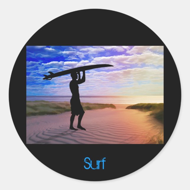 Sunset Surfer Sand & Clouds Classic Round Sticker (Front)