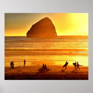 Sunset Surfing and Biking Cape Kiwanda Oregon  Poster