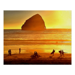 Sunset Surfing and Biking Cape Kiwanda Oregon Poster