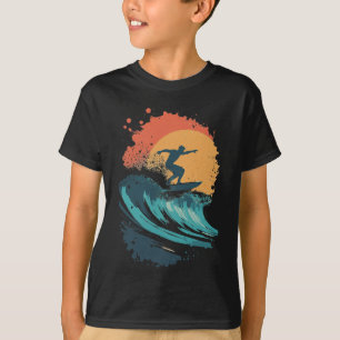 Sunset Surfing Wave Art, Retro Beach Surfer Silhou T-Shirt