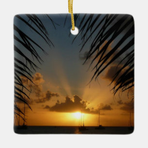 Sunset Through Palm Fronds Tropical Seascape Ceramic Tree Decoration