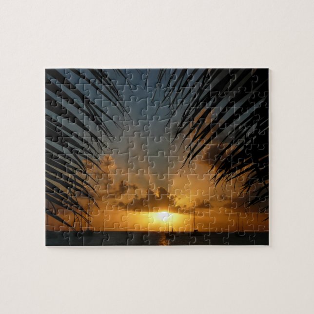 Sunset Through Palm Fronds Tropical Seascape Jigsaw Puzzle (Horizontal)