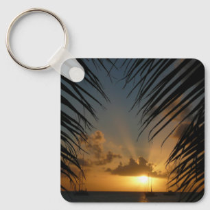 Sunset Through Palm Fronds Tropical Seascape Key Ring