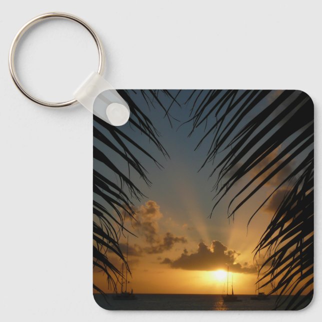 Sunset Through Palm Fronds Tropical Seascape Key Ring (Front)