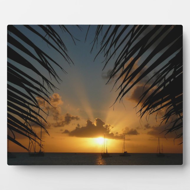 Sunset Through Palm Fronds Tropical Seascape Plaque (Front)