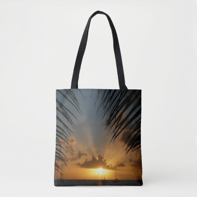 Sunset Through Palm Fronds Tropical Seascape Tote Bag (Front)
