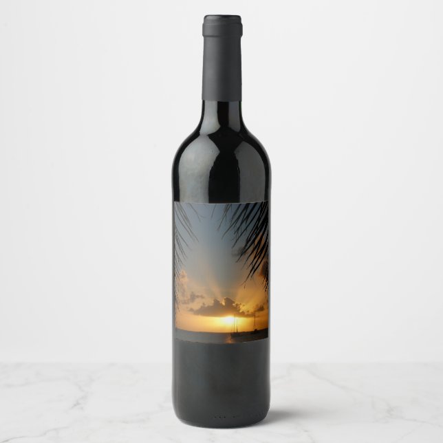 Sunset Through Palm Fronds Tropical Seascape Wine Label (Front)