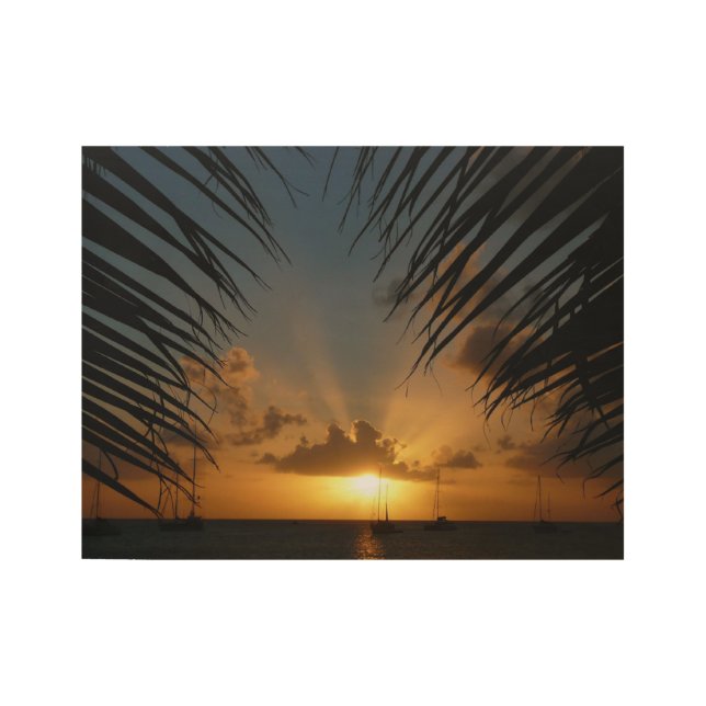 Sunset Through Palm Fronds Tropical Seascape Wood Poster (Front)