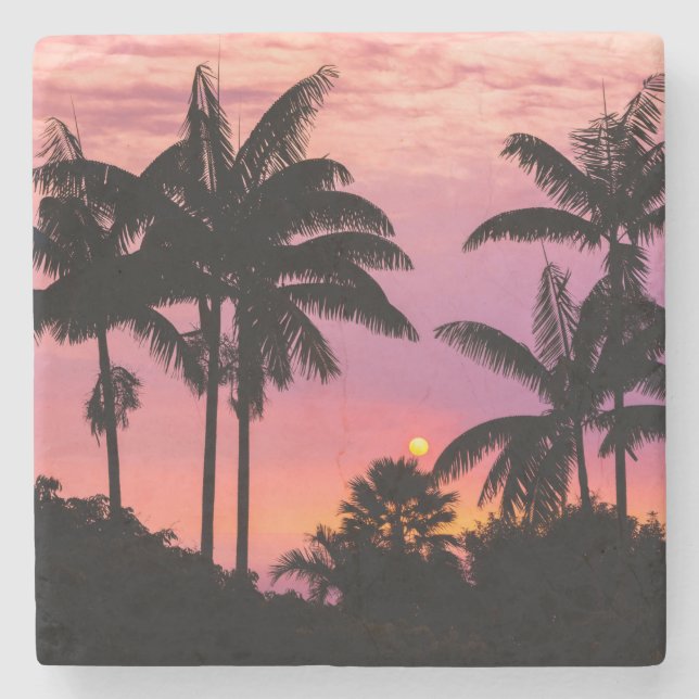 Sunset through Palm Trees Stone Coaster (Front)