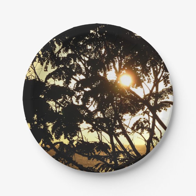 Sunset Through Trees I Tropical Photography Paper Plate (Front)