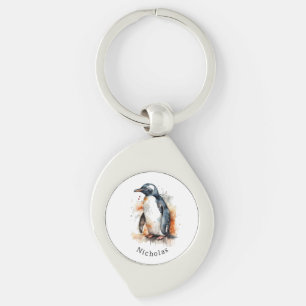 Sunset Tones Watercolor Penguin, custom Key Ring