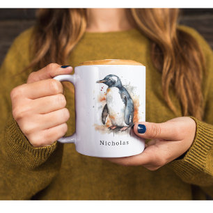 Sunset Tones Watercolor Penguin, custom Mug