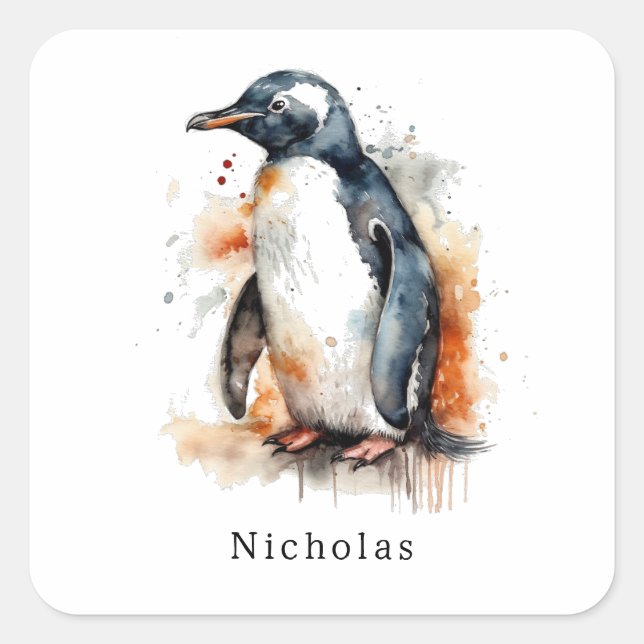 Sunset Tones Watercolor Penguin, custom  Square Sticker (Front)
