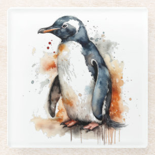 Sunset Tones Watercolor Penguin Glass Coaster
